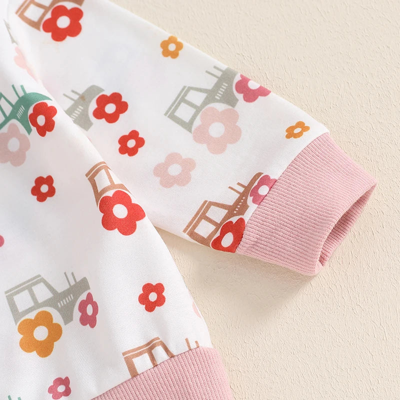 Girls Floral Tractor Print Top Pant Set