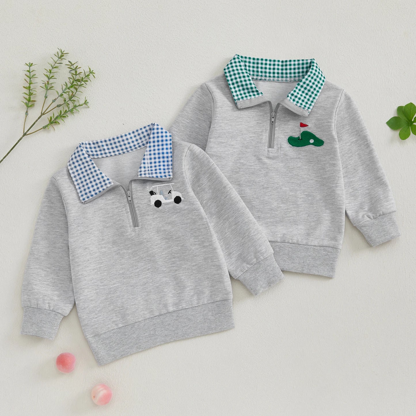 Plaid Collar Embroidered Golf Quarter Zip Jacket, Unisex