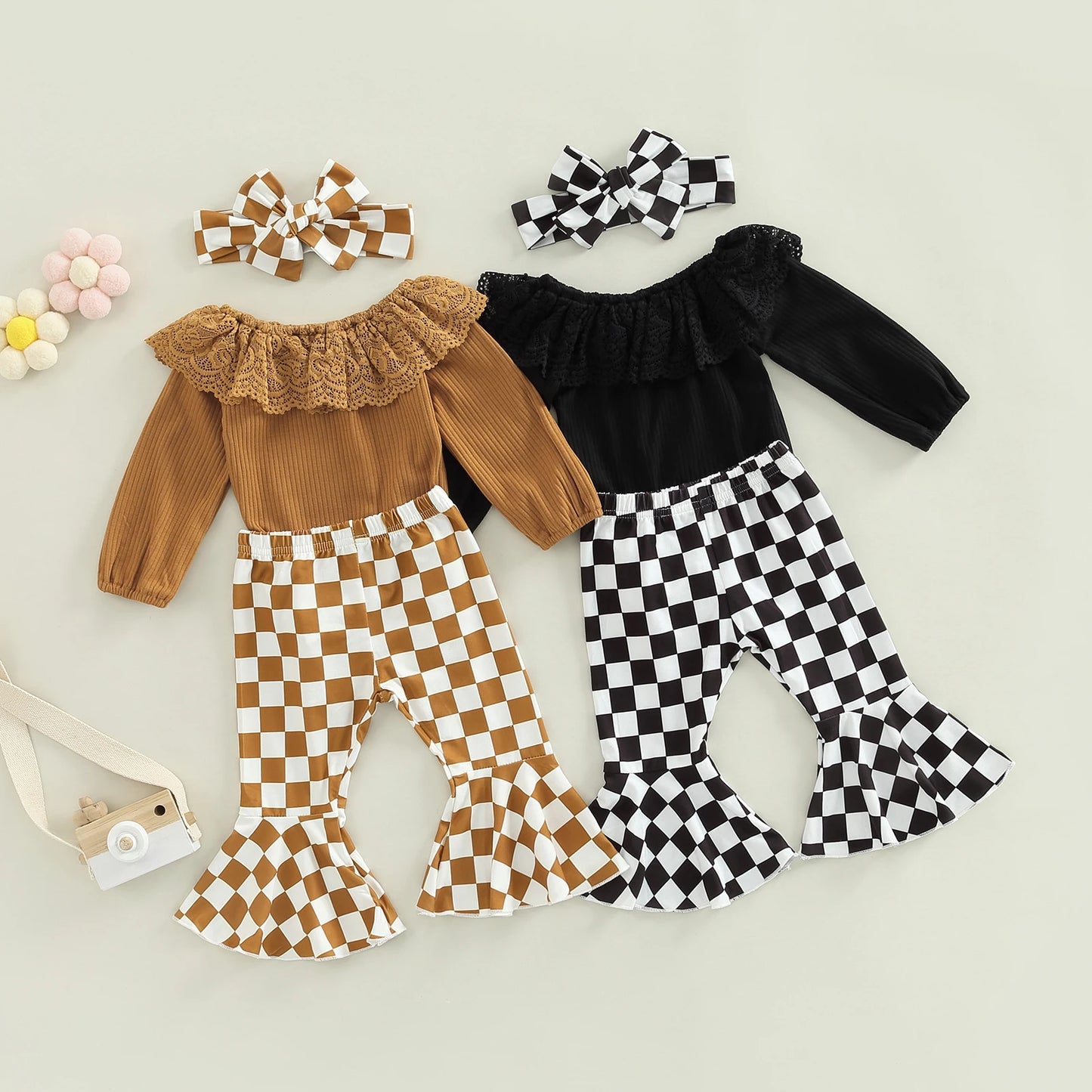 Girls Ribbed Lace Collar Top Checkerboard Flare Pant Bow Set