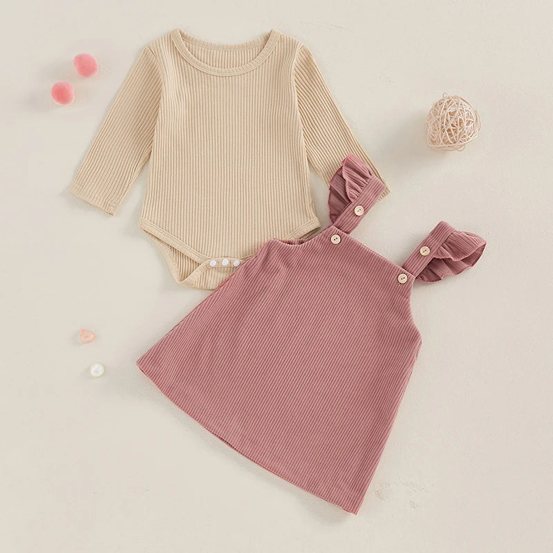 Girls Ribbed Top Ruffle Corduroy Overall Dress
