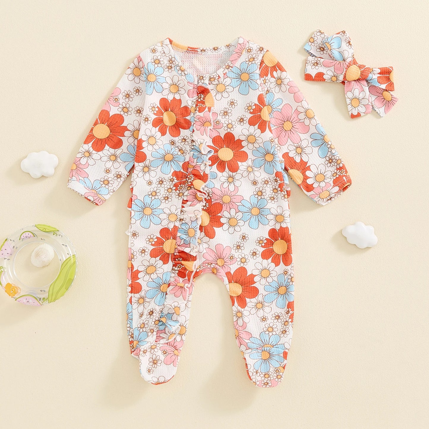 Baby Girls Flower Print Ruffled Zip Footie Pajamas Bow Set