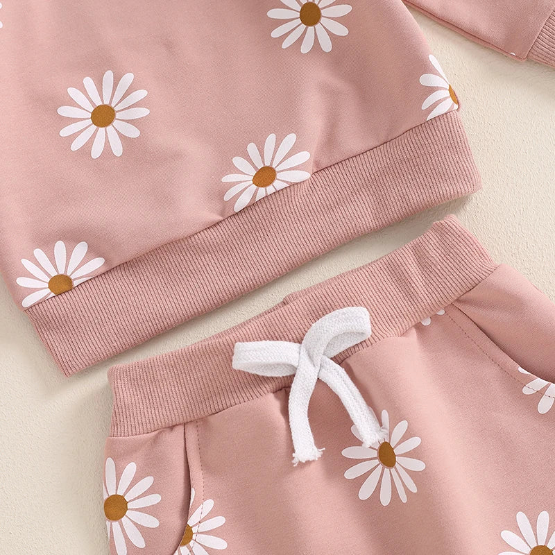 Girls Ruffle Shoulder Daisy Print Sweatshirt Pant Set