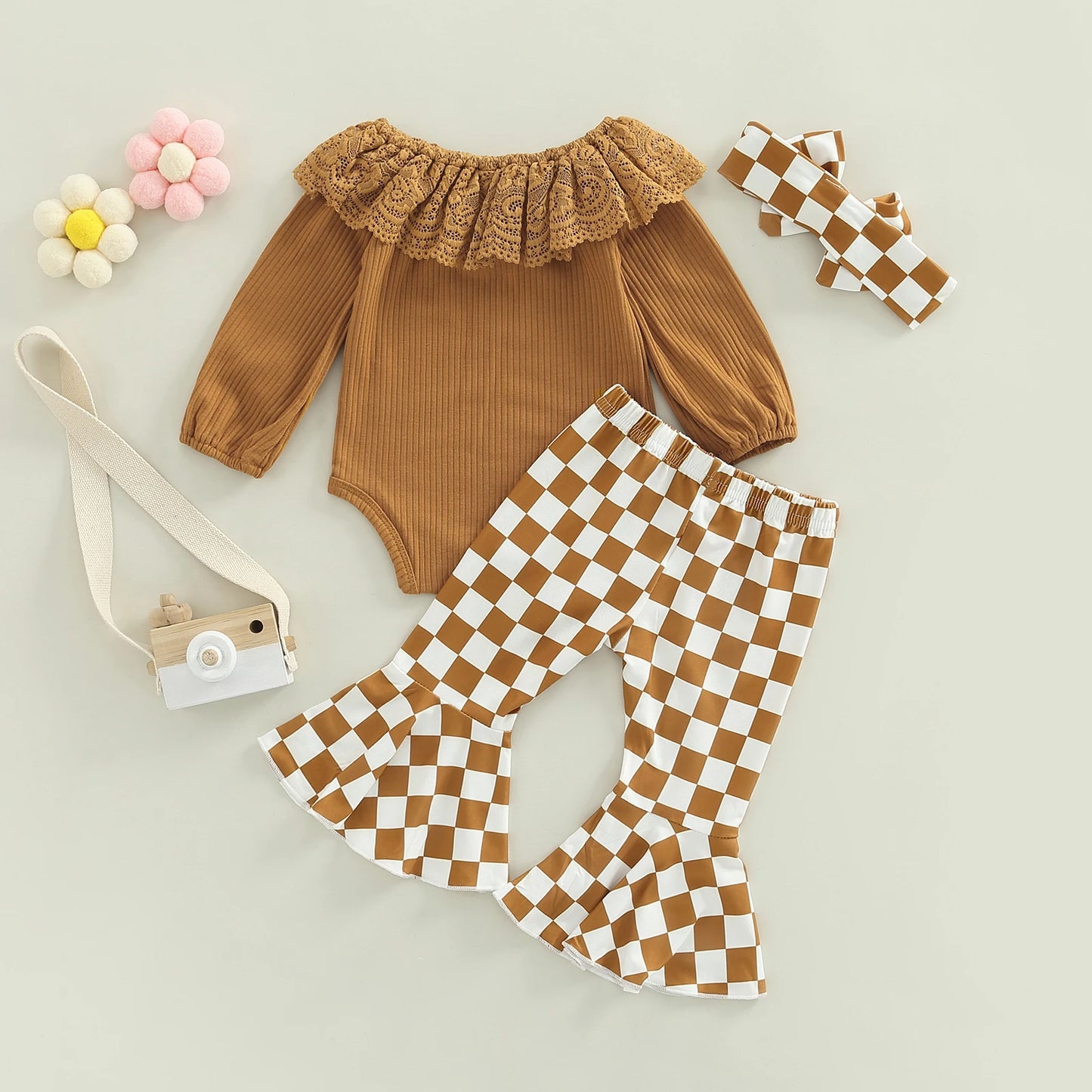Girls Ribbed Lace Collar Top Checkerboard Flare Pant Bow Set