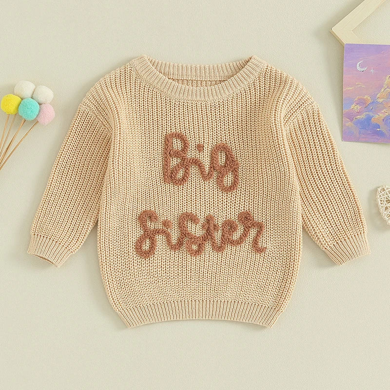 Girls Embroidered Big Sister Script Knit Sweater