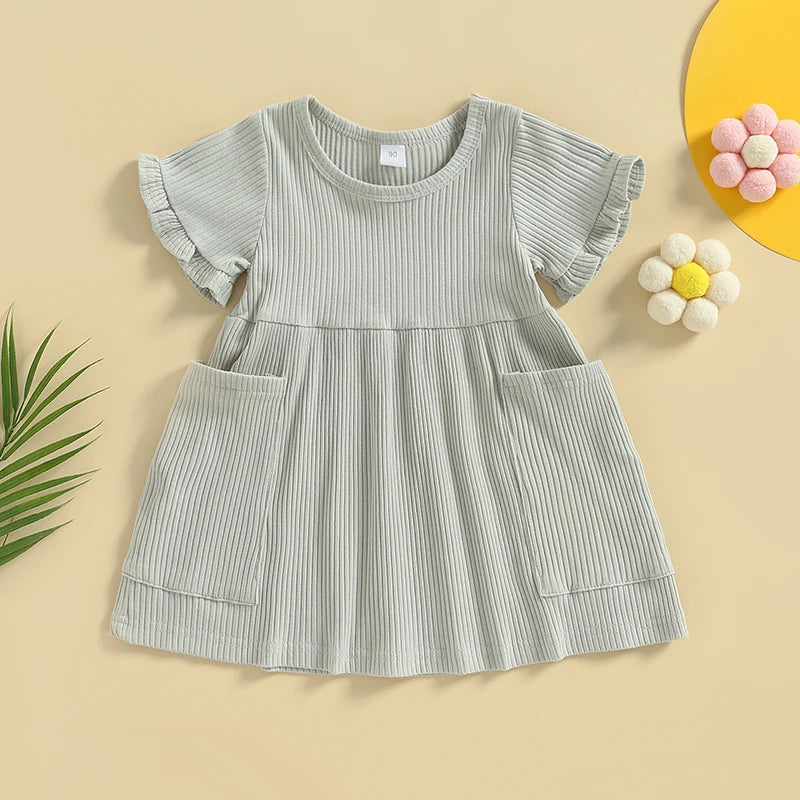 Girls Ribbed Ruffle Pocket Dress