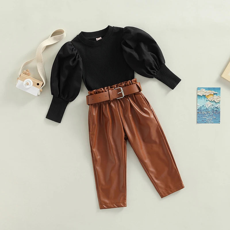 Girls Puff Sleeve Ribbed Tops Faux Leather Pants and Belt Set