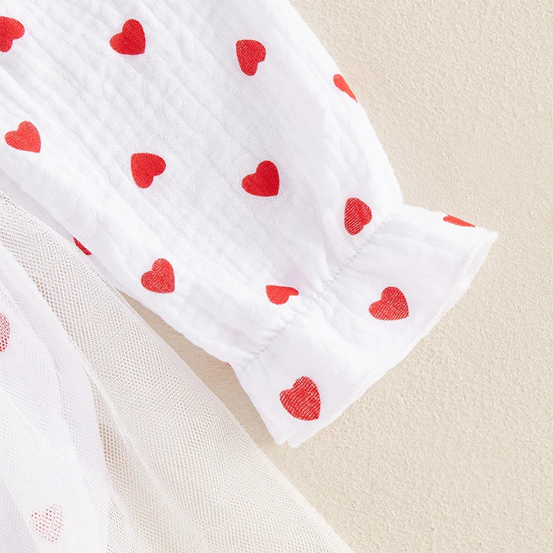Girls Heart Print Tulle Dress Bow Set