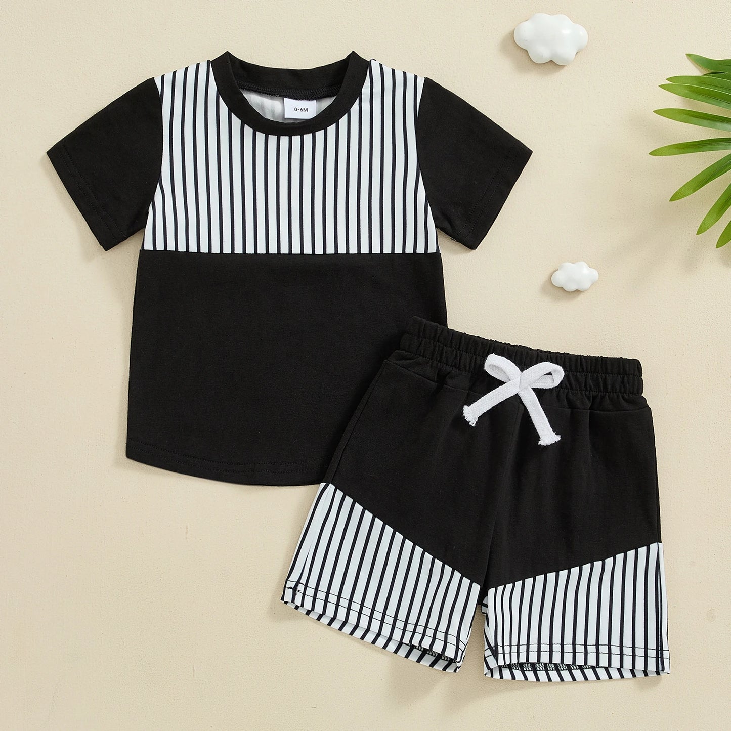 Boys Casual Striped Print Patchwork Shirt Shorts Set