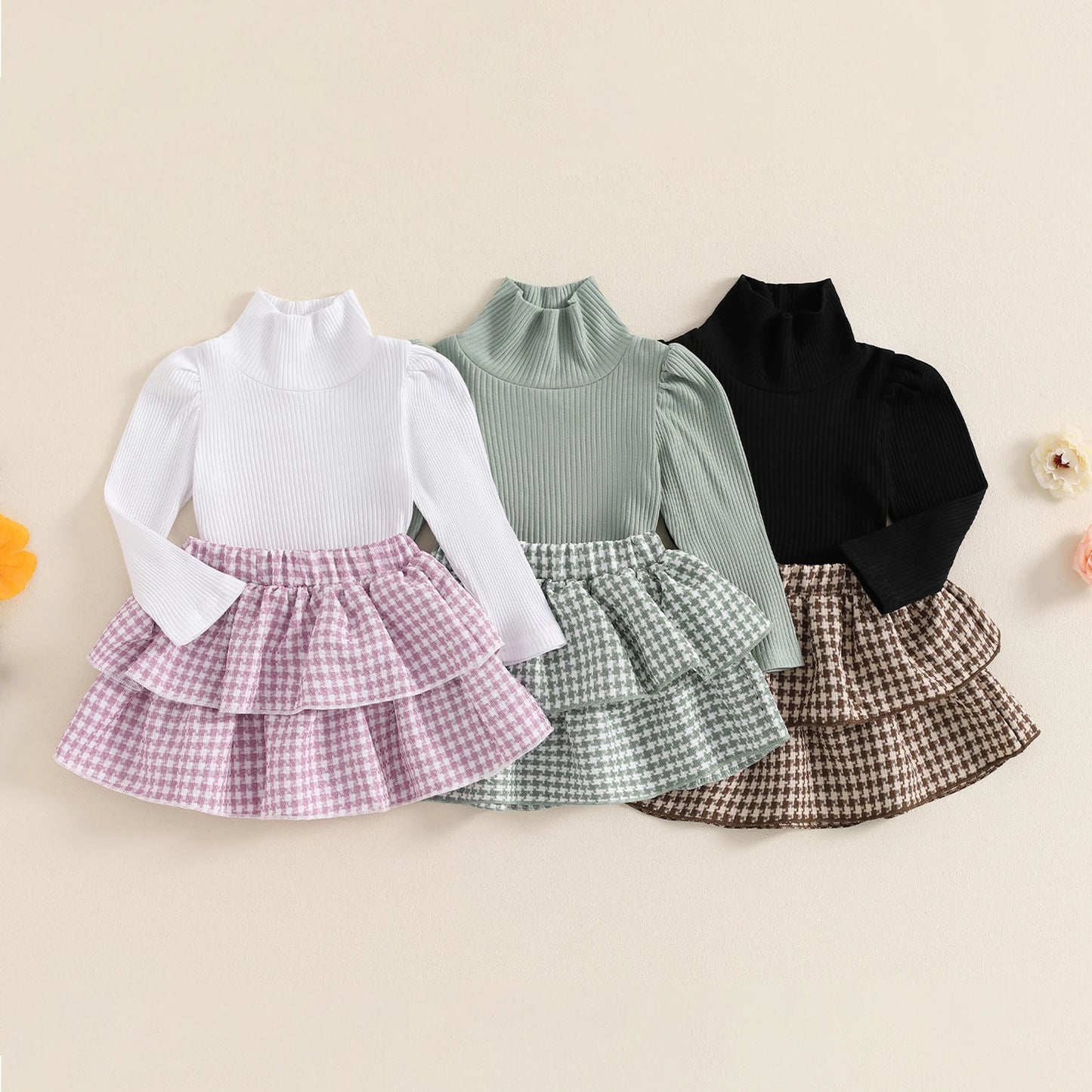 Girls Ribbed Turtleneck Top Houndstooth Layered Skirt Set