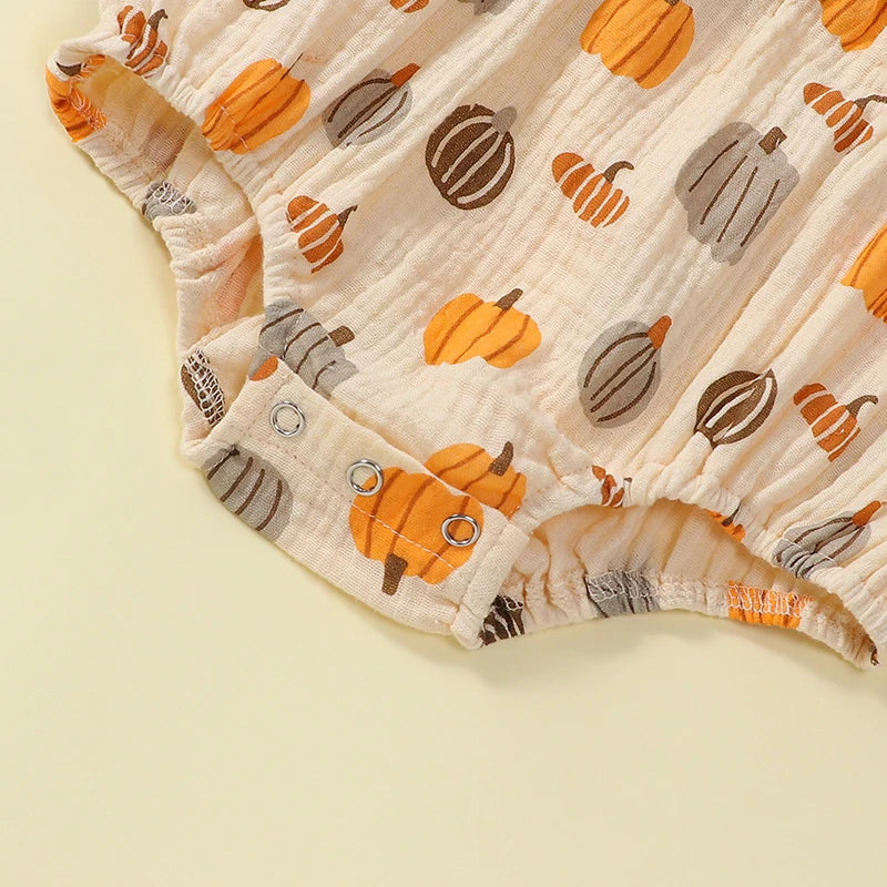 Girls Pumpkin Print Ruffled Shoulder Bubble Bow Set