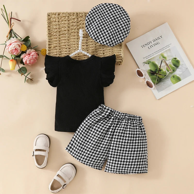 Girls Houndstooth Ruffle Sleeve Ribbed Top Plaid Shorts Hat Set