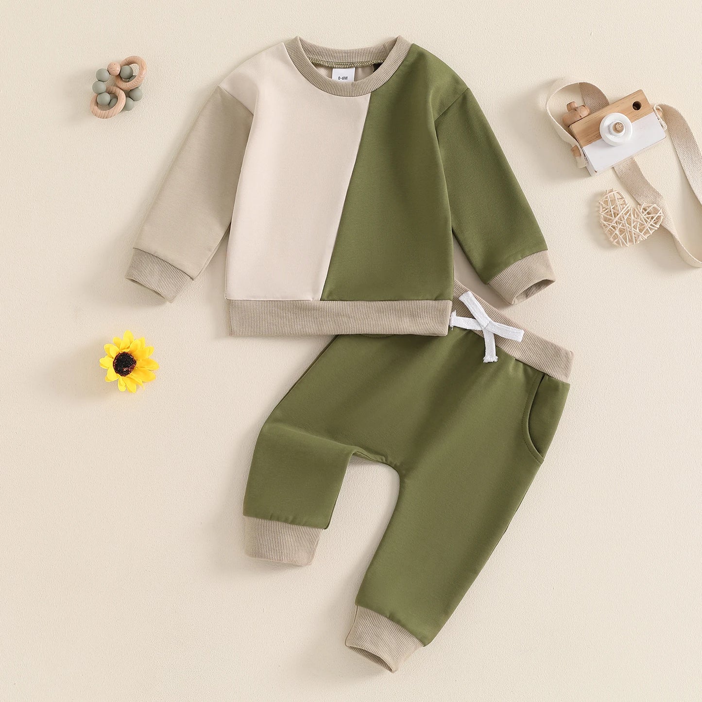Boys Diagonal Color Patchwork Sweatshirt Pant Set