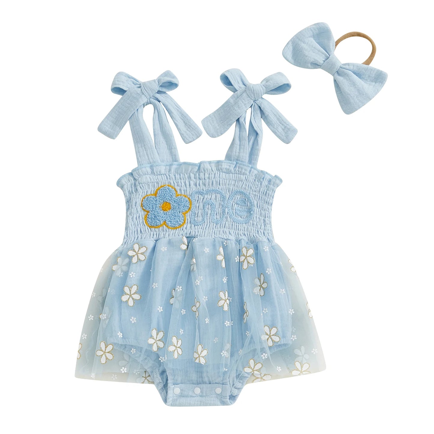 Girls "One" First Birthday Dress Bow Set