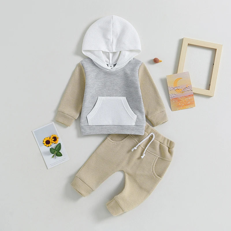 Boys Contrast Color Waffle Knit Hoodie Pants Set