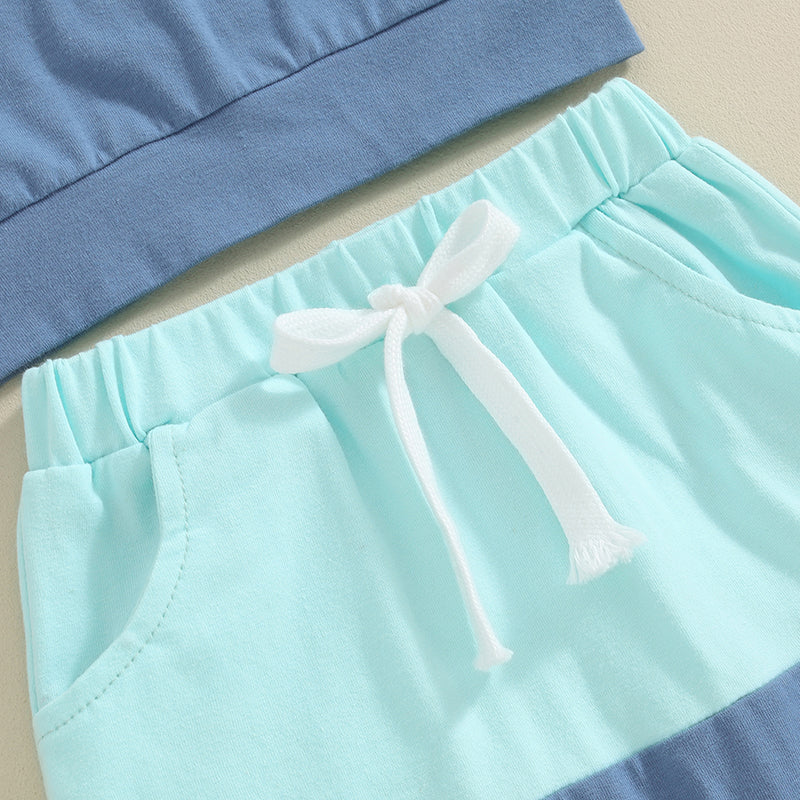 Boys Contrast Color Short Sleeve Pocket Hoodie Short Set