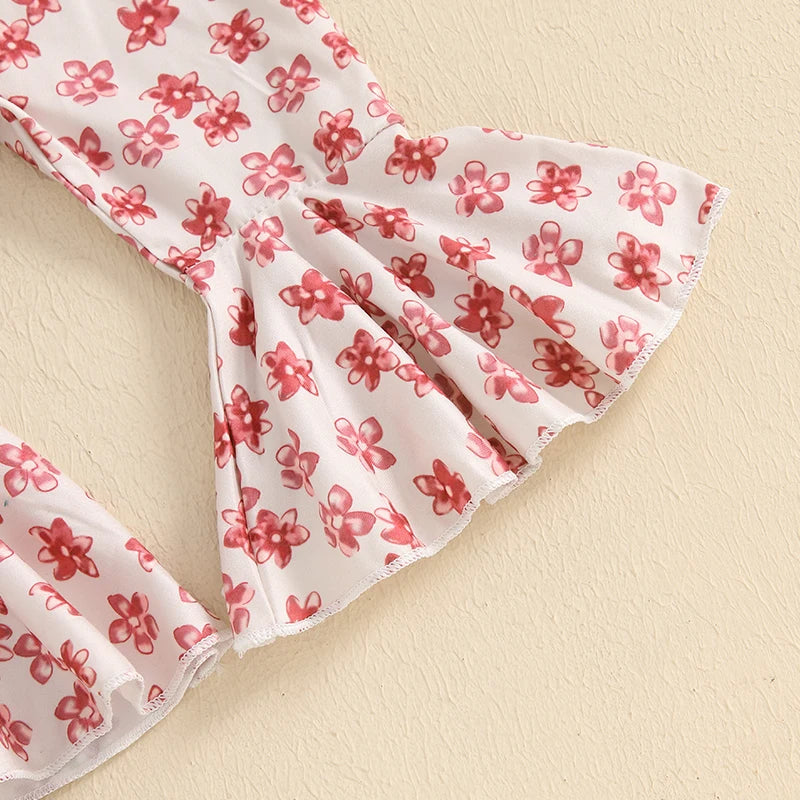 Girls Ribbed Ruffle Shoulder Top Floral Flare Pant Bow Set