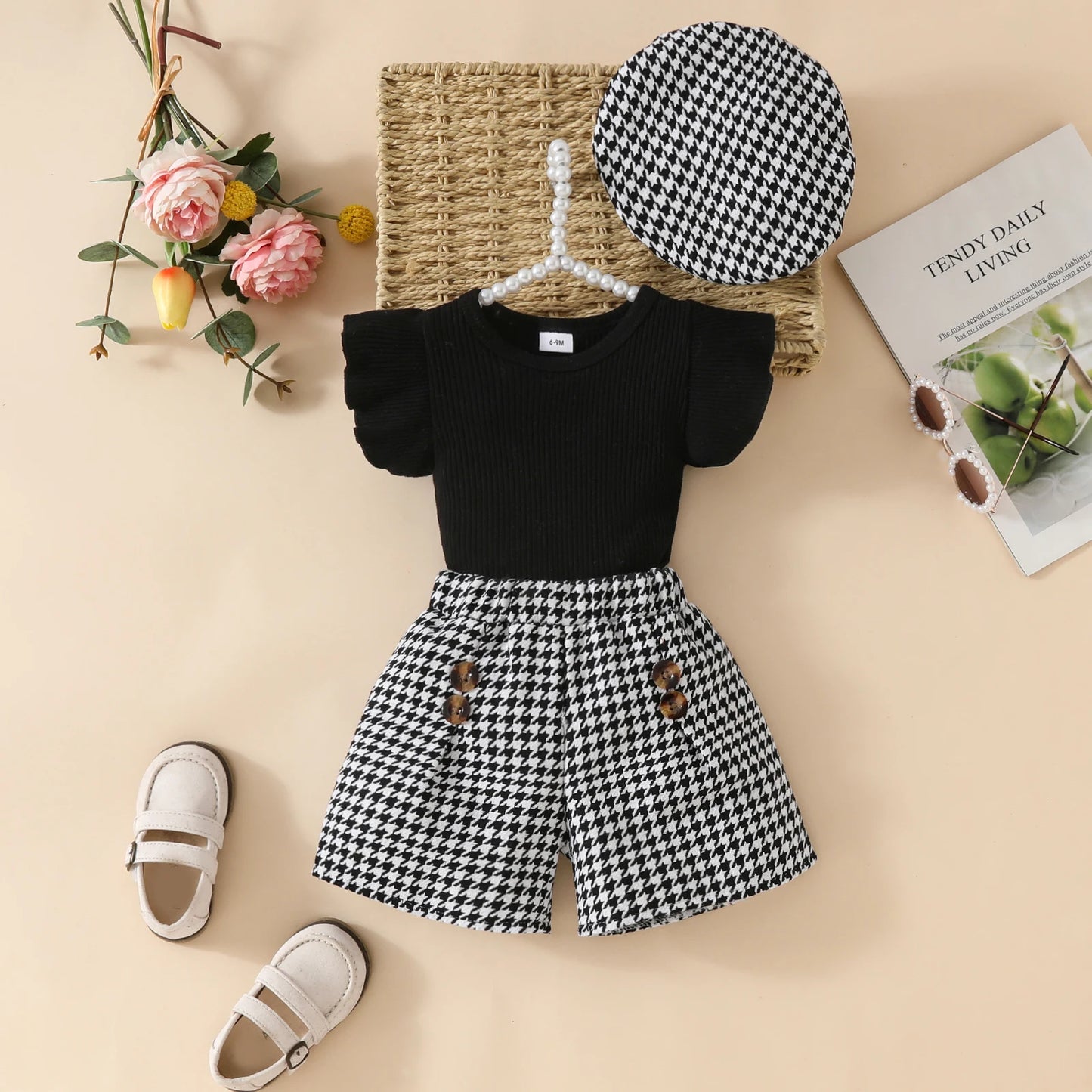 Girls Houndstooth Ruffle Sleeve Ribbed Top Plaid Shorts Hat Set