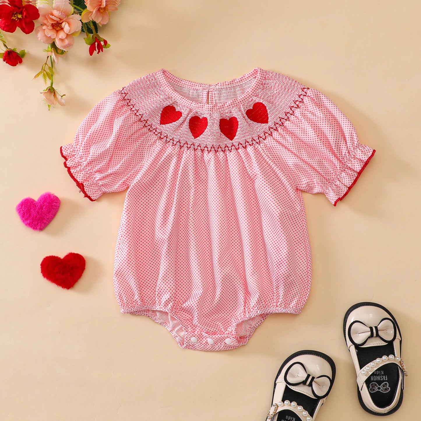 Girls Embroidered Heart Polka Dot Bubble, Pink