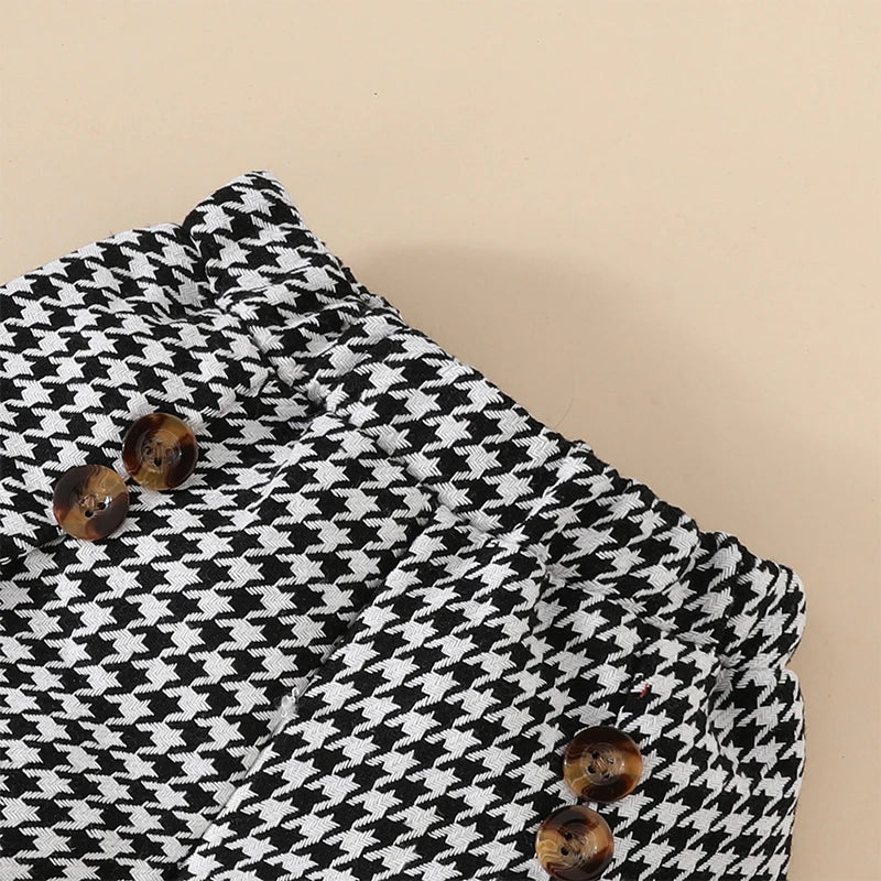 Girls Houndstooth Ruffle Sleeve Ribbed Top Plaid Shorts Hat Set