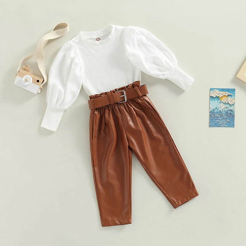 Girls Puff Sleeve Ribbed Tops Faux Leather Pants and Belt Set