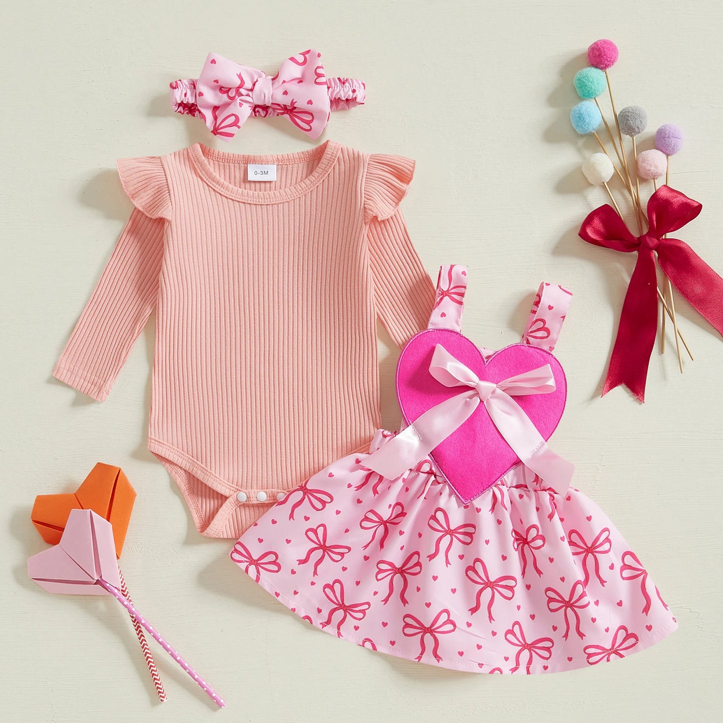 Girls Ribbed Ruffle Sleeve Heart Bear or Bow Print Suspender Skirt Bow Set