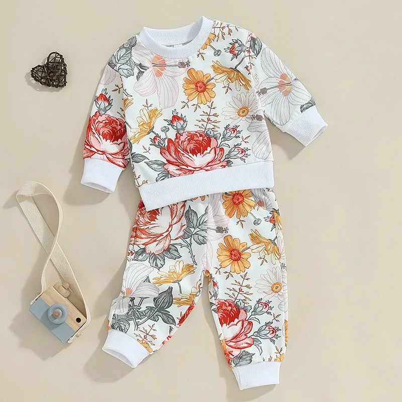 Girls Autumn Floral Print Sweatshirt Pant Set