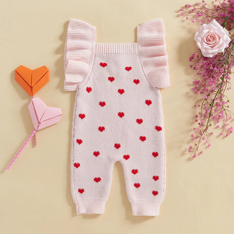 Girls Ruffle Sleeve Heart Knit Romper