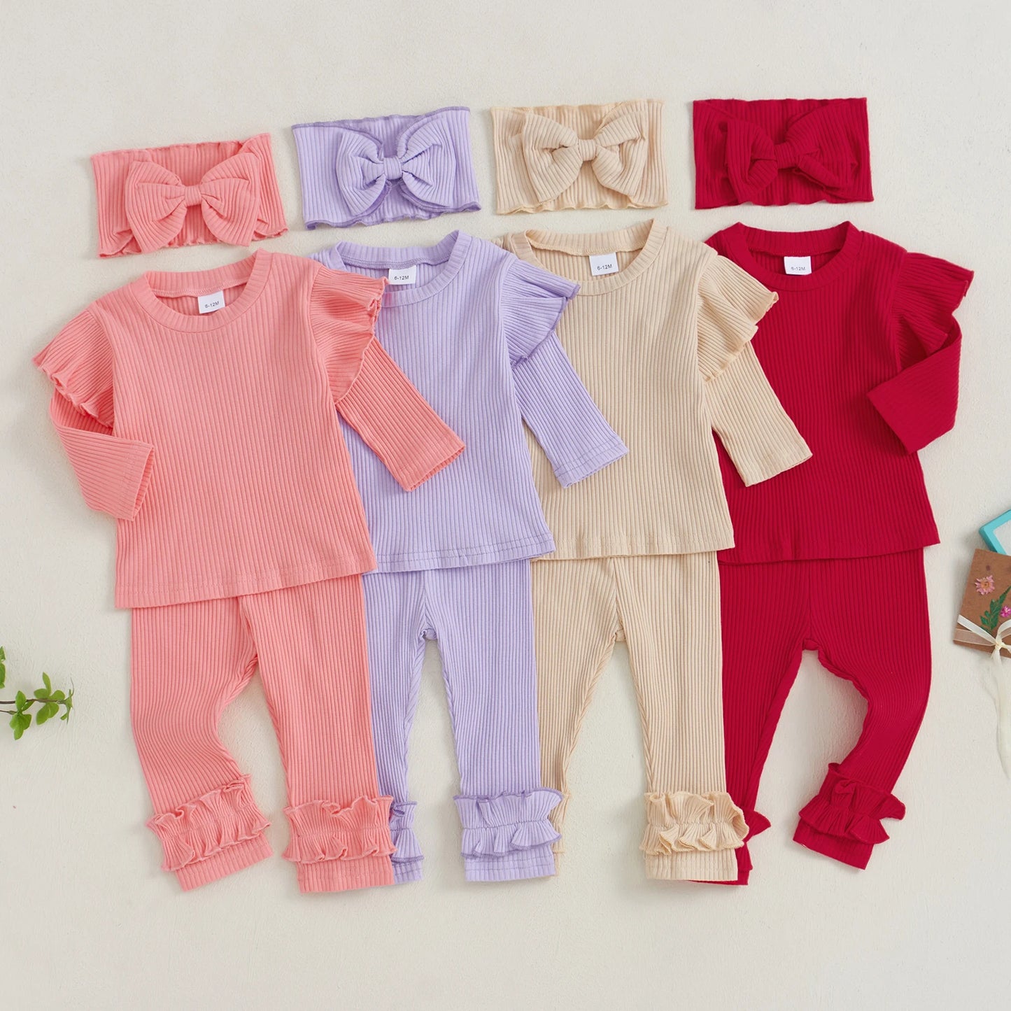 Girls Ribbed Ruffle Trim Top Pant Bow Headband Set