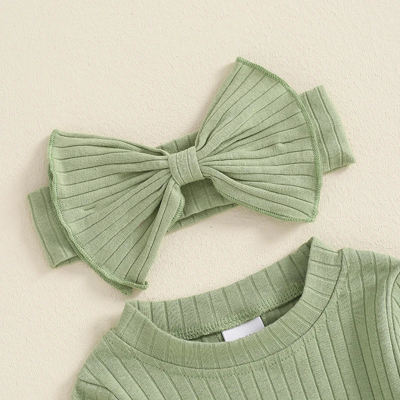 Girls Ribbed Jumpsuit Bow Headband Set