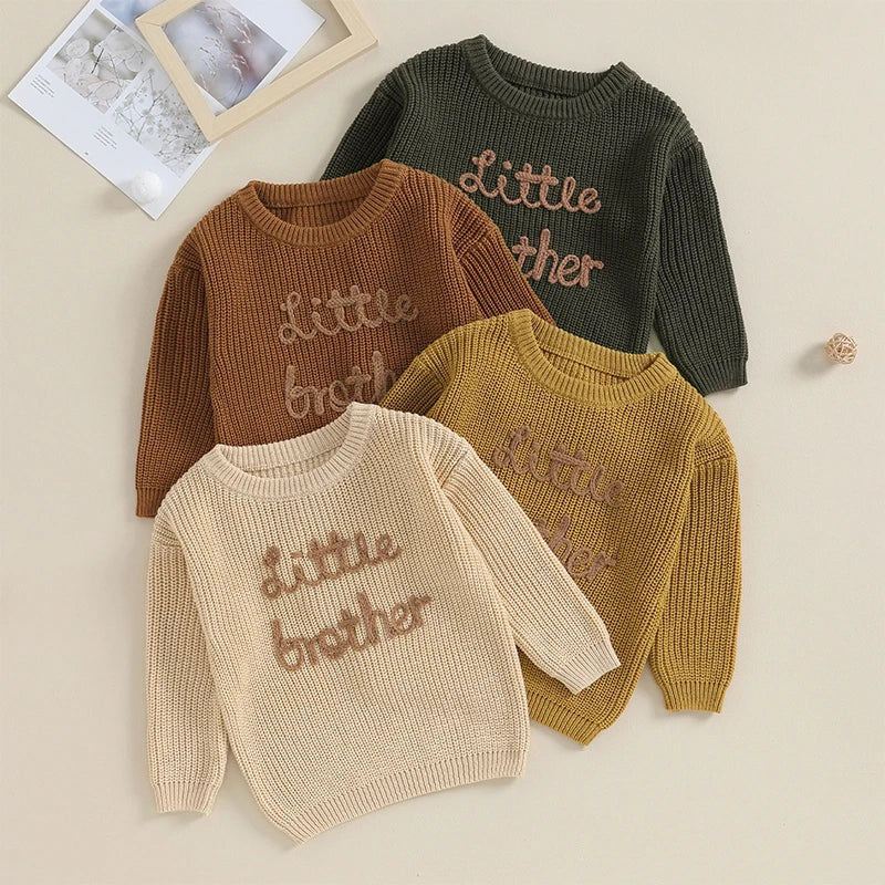 Boys Embroidered Little Brother Script Knit Sweater
