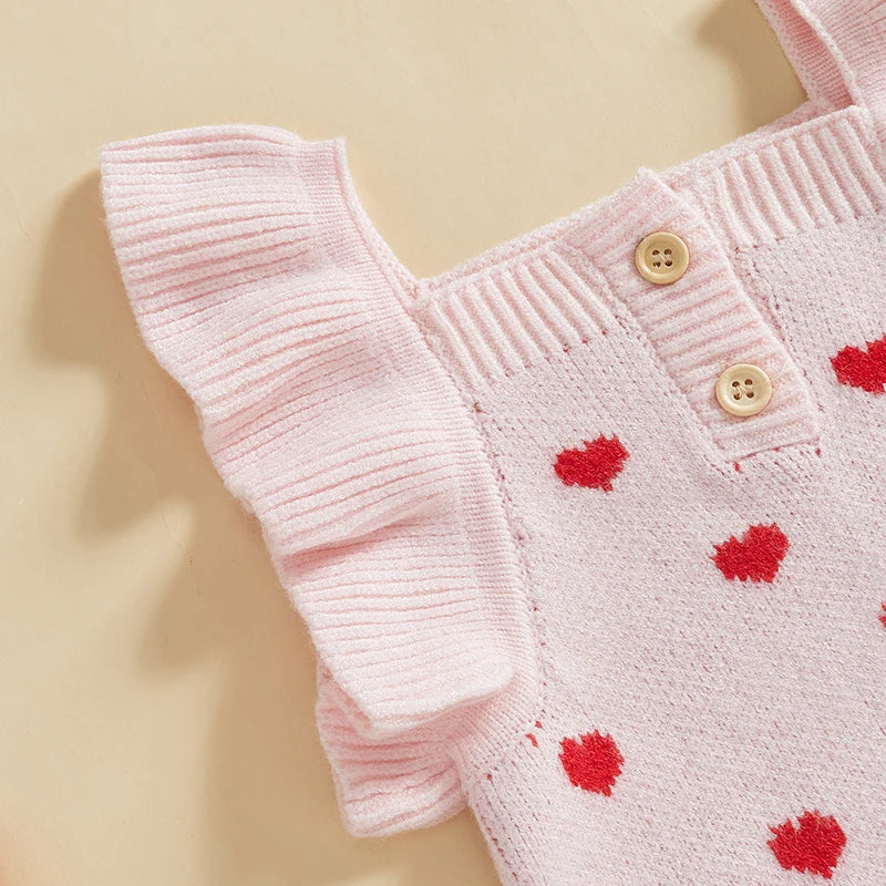 Girls Ruffle Sleeve Heart Knit Romper