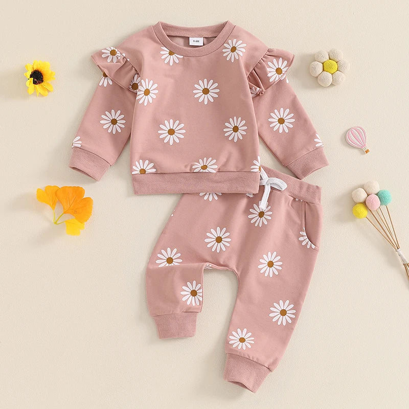 Girls Ruffle Shoulder Daisy Print Sweatshirt Pant Set