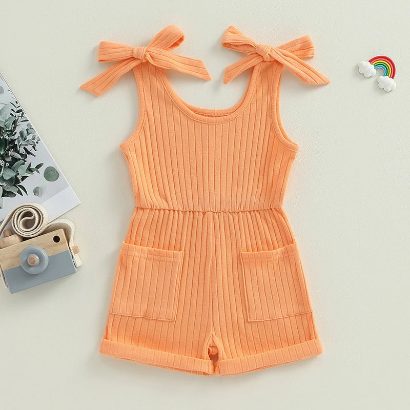 Girls Sleeveless Ribbed Pocket Rompers