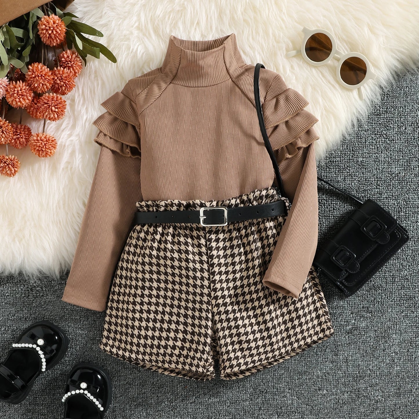 Girls Ruffle Sleeve Knit Turtleneck Houndstooth Belt Short Set