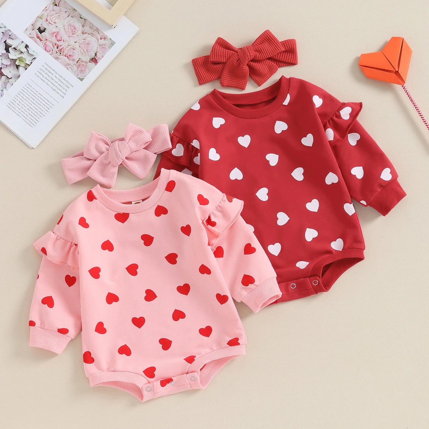Girls Ruffle Heart Print Bubble Bow Set