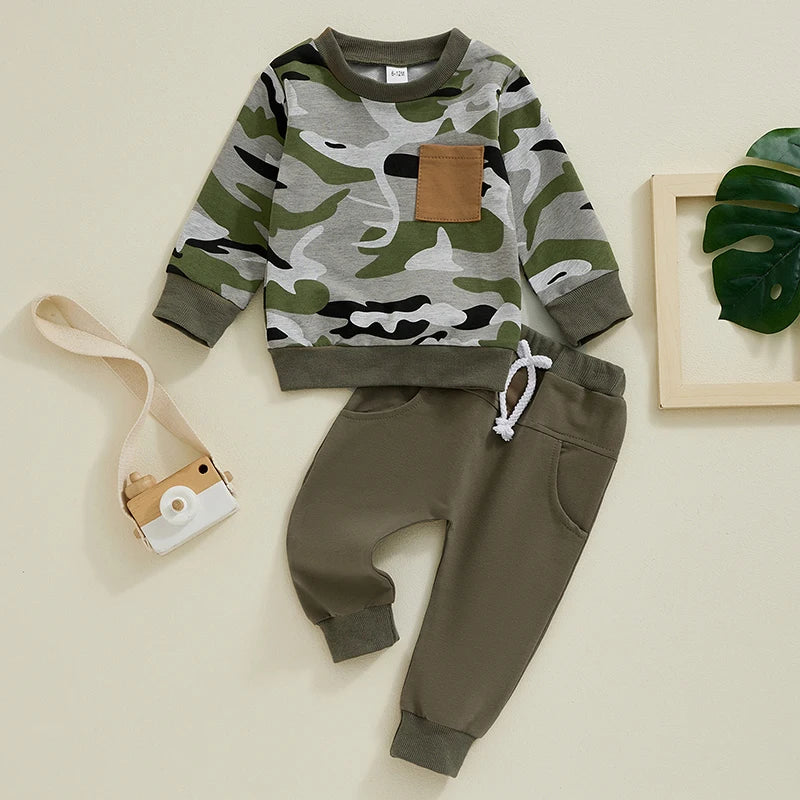 Boys Camouflage Print Patch Pocket Sweatshirt Pant Set