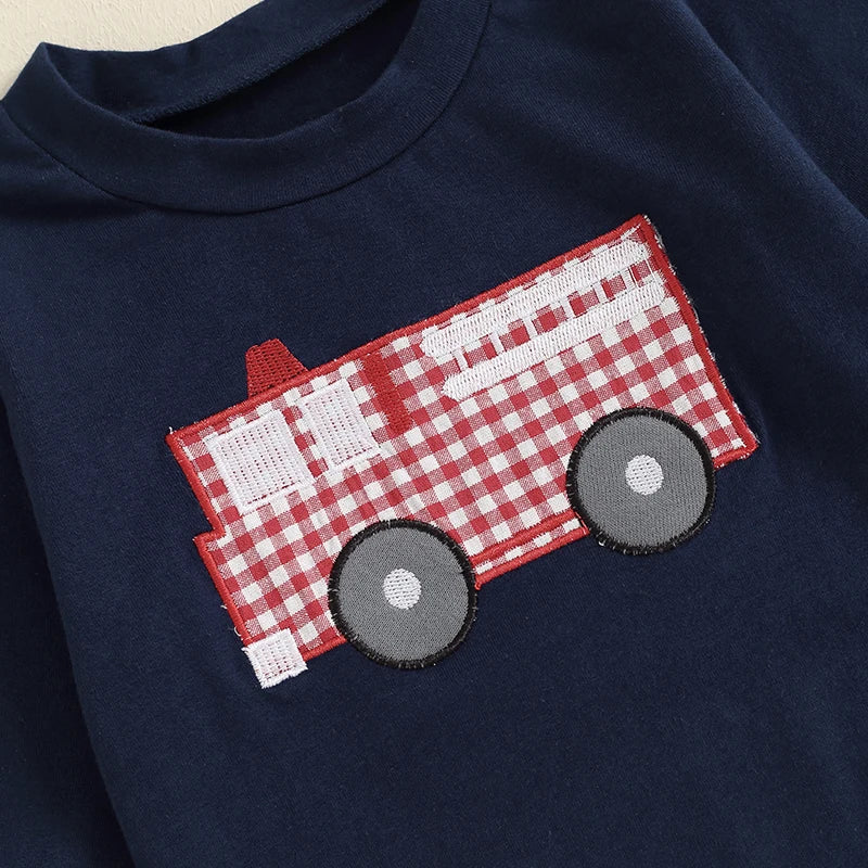 Boys Firetruck Embroidered Long Sleeve Outfit