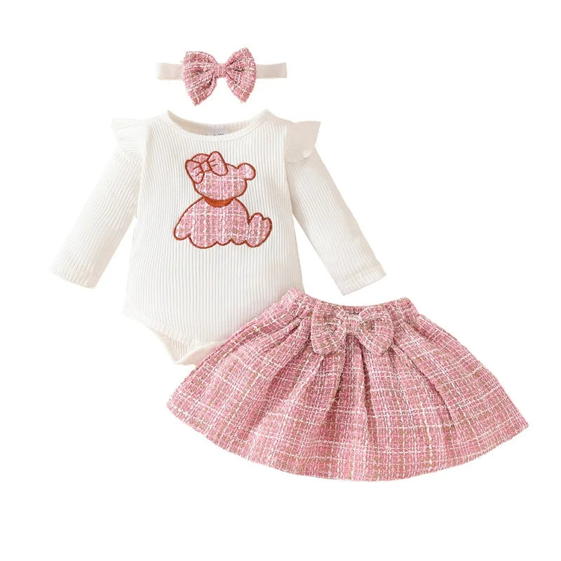 Girls Embroidered Bear Ruffle Sleeve Top Plaid Skirt Bow Set