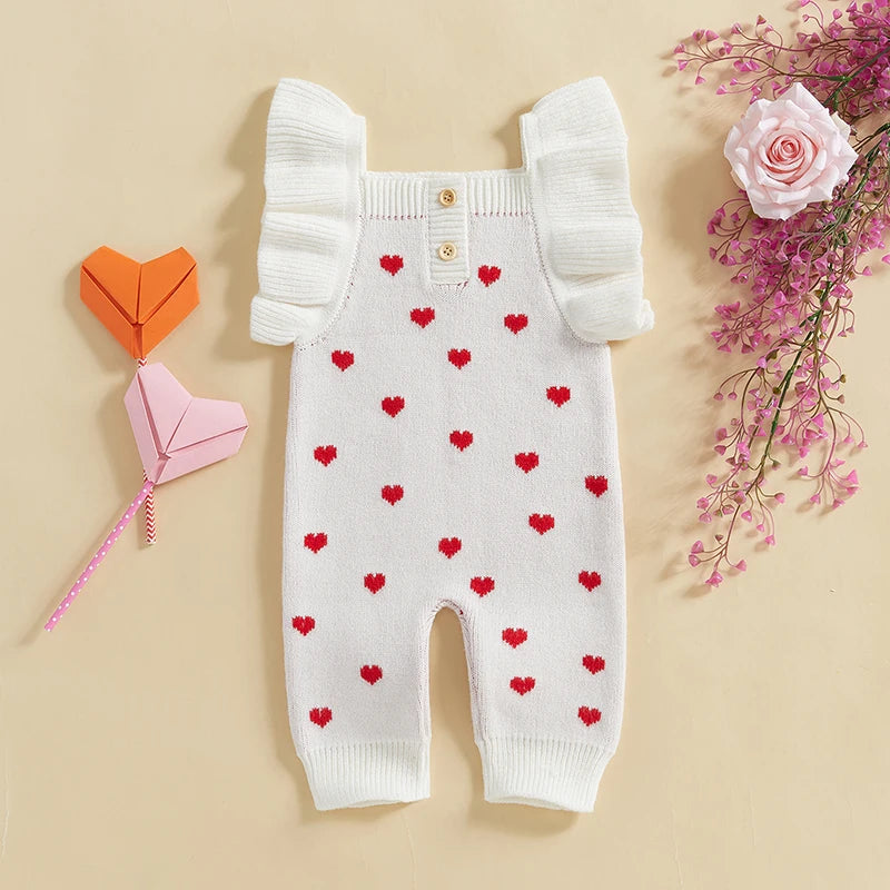 Girls Ruffle Sleeve Heart Knit Romper