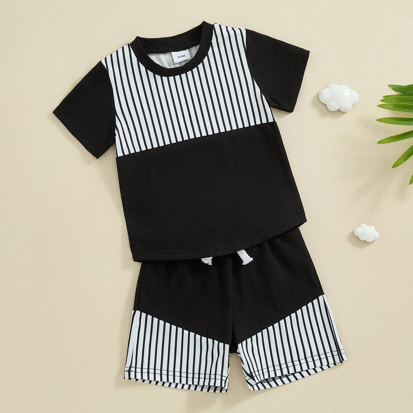 Boys Casual Striped Print Patchwork Shirt Shorts Set
