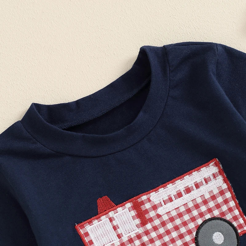 Boys Firetruck Embroidered Long Sleeve Outfit