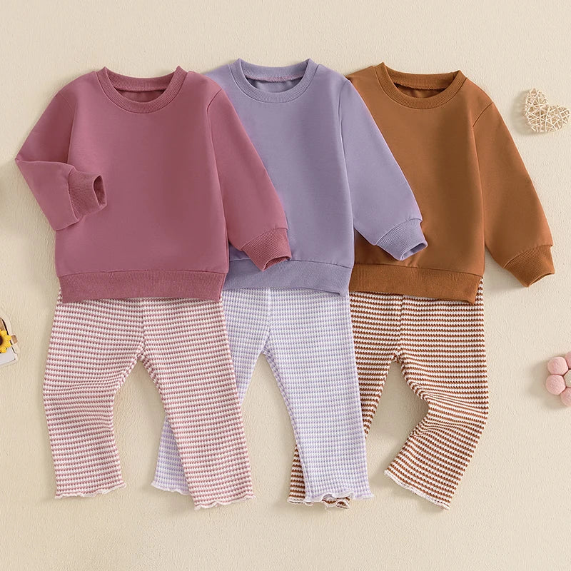 Girls Sweatshirt Waffle Knit Striped Pant Set