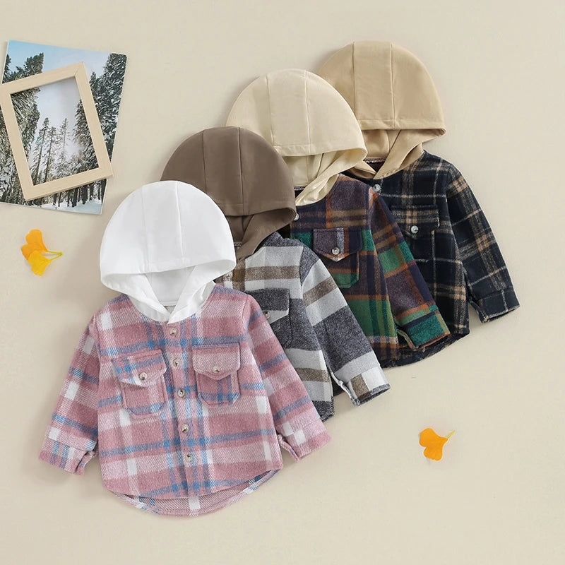 Boys Plaid Pocket Hoodie Jacket