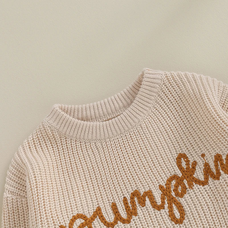 Solid Embroidered Pumpkin Script Knit Sweater, Unisex