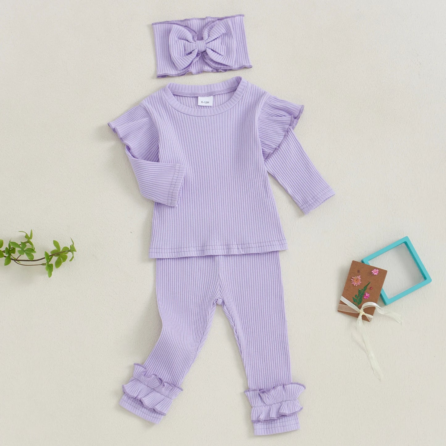 Girls Ribbed Ruffle Trim Top Pant Bow Headband Set
