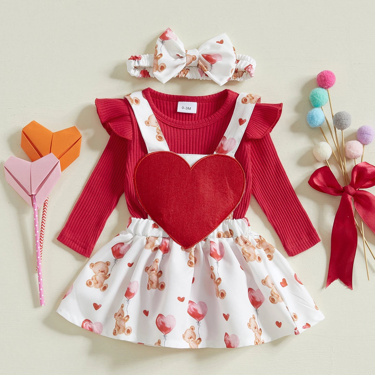 Girls Ribbed Ruffle Sleeve Heart Bear or Bow Print Suspender Skirt Bow Set