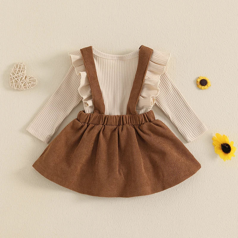 Girls Ribbed Ruffle Top Corduroy Suspender Dress Set