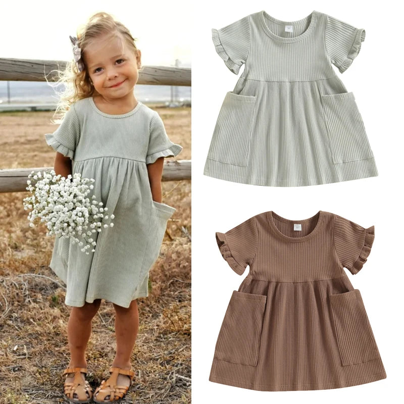 Girls Ribbed Ruffle Pocket Dress