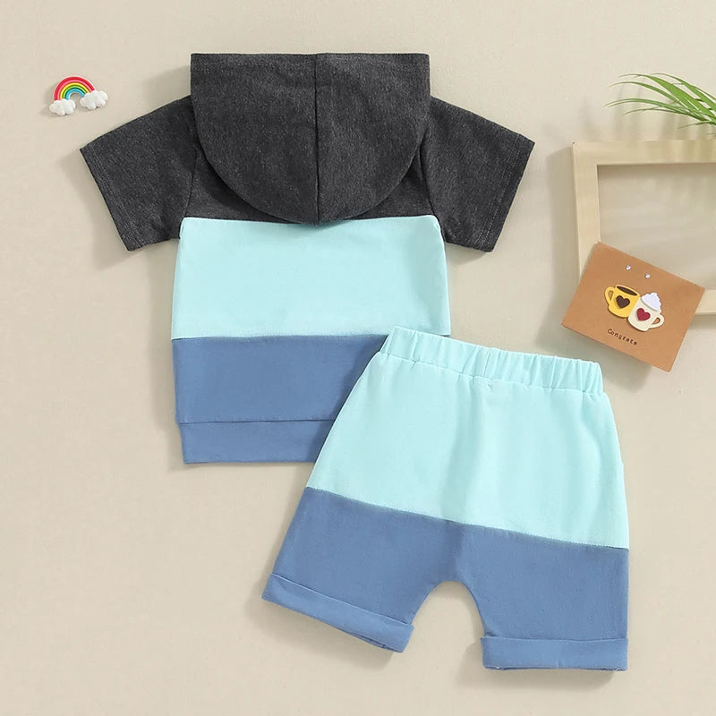 Boys Contrast Color Short Sleeve Pocket Hoodie Short Set