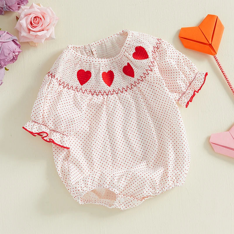 Girls Embroidered Heart Polka Dot Bubble, White